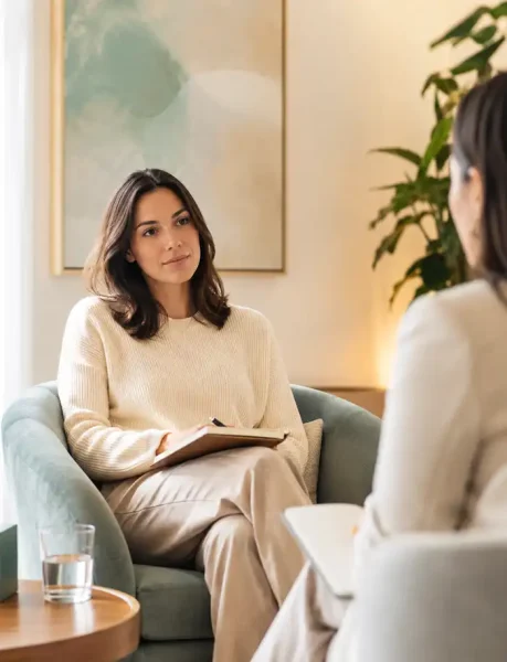 Mujer adulta en una consulta de salud mental durante una evaluación previa con una profesional.
