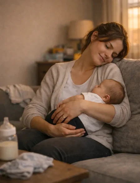 madre con depresión postparto sujetando a su bebe